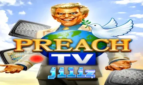 Isang visual na representasyon ng Preach TV slot game na may retro TV studio theme.